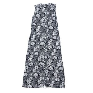 Talbots Maxi Dress Women 8P Black White Floral Sleeveless Rayon Slit Resortwear
